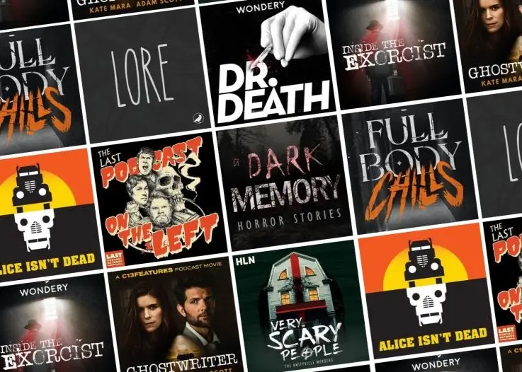 a collage of scary podcast cover artwork